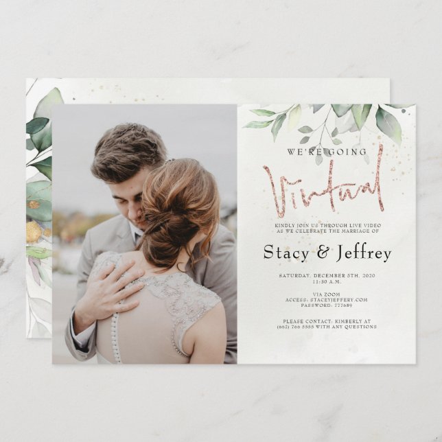 Invitation Rustic Eucalyptus Gold Virtual Wedding (Devant / Derrière)