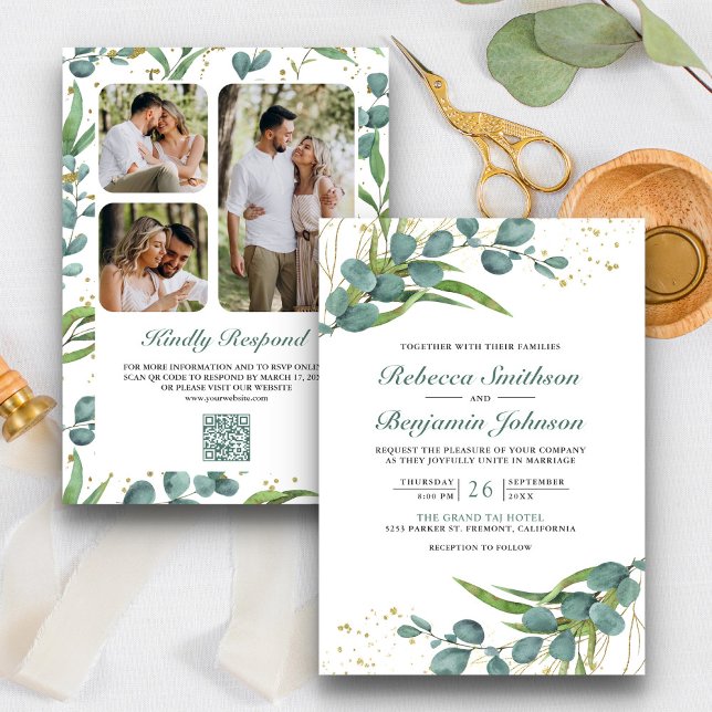 Invitation Rustic Eucalyptus Photo Collage QR Code Mariage (Créateur téléchargé)