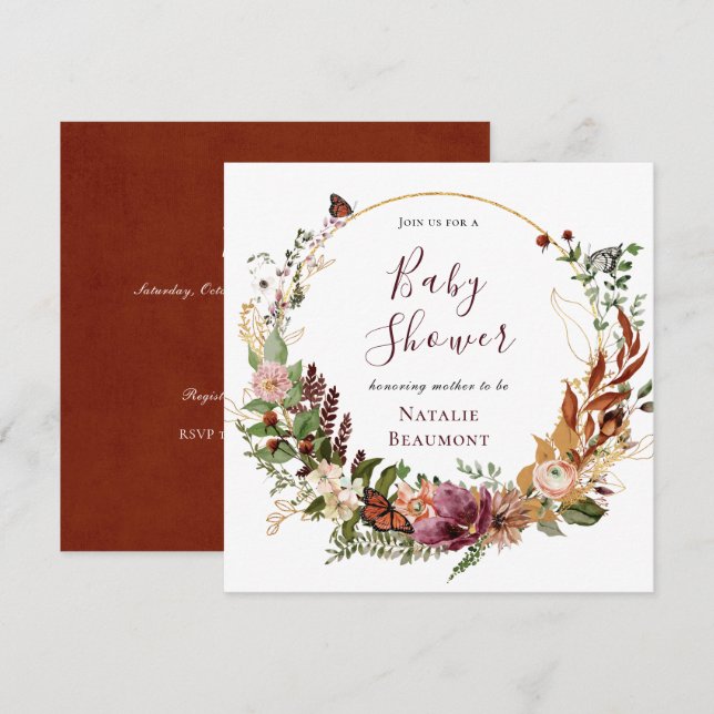 Invitation Rustic Fall Floral & Greenery Carré Baby shower (Devant / Derrière)