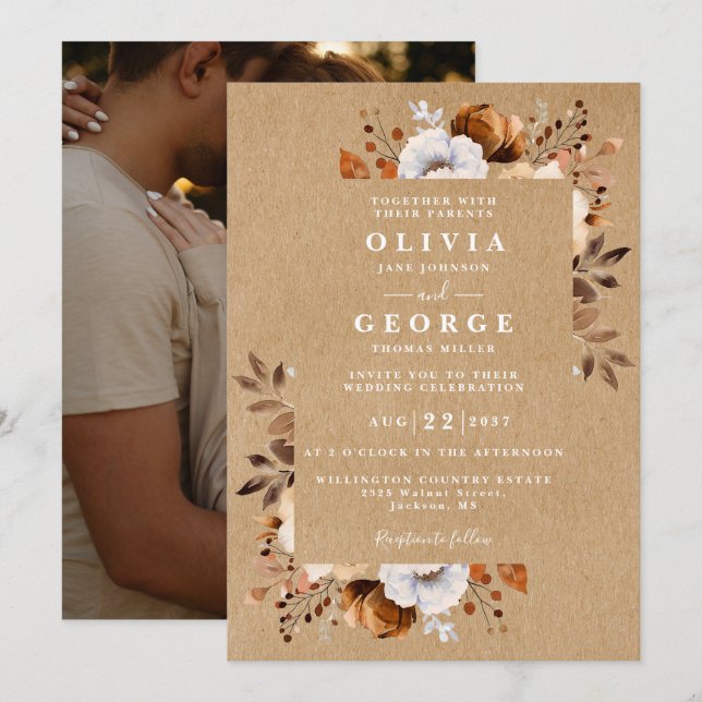 Invitation Rustic Fall Floral Photo Mariage (Devant / Derrière)