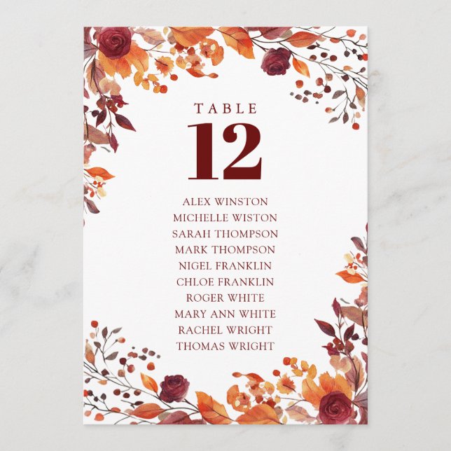 Invitation Rustic Fall Floral Tableau Numéro de siège Graphiq (Devant)