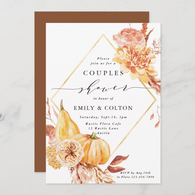 Invitation Rustic Fall Gold Floral Citrouille Couples Douche (Devant / Derrière)