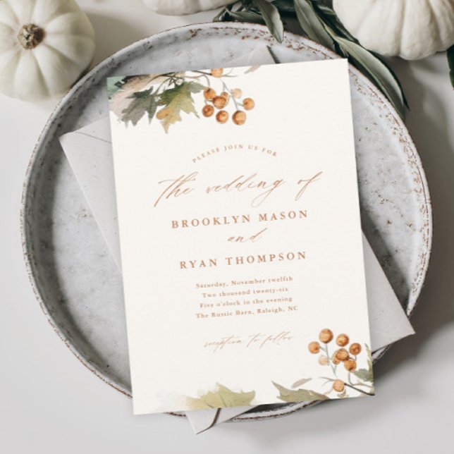 Invitation Rustic Fall Greenery Feuille Foliage Mariage (An elegant and rustic fall wedding invitation with watercolor greenery leaves and foliage.)