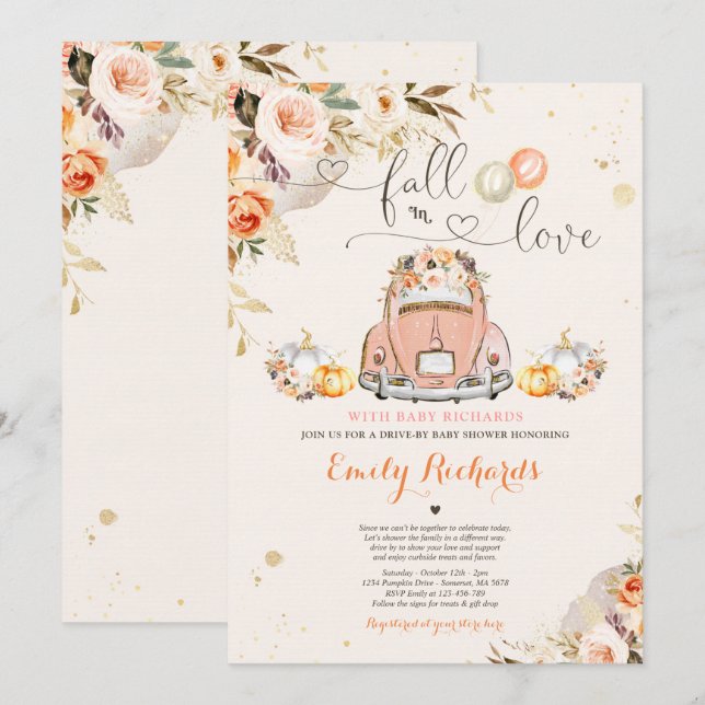 Invitation Rustic Fall In Love Citrouille Drive By Baby showe (Devant / Derrière)