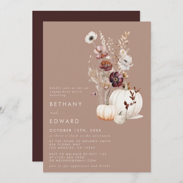 Invitation Rustic Fall Taupe Floral Citrouille (Devant / Derrière)
