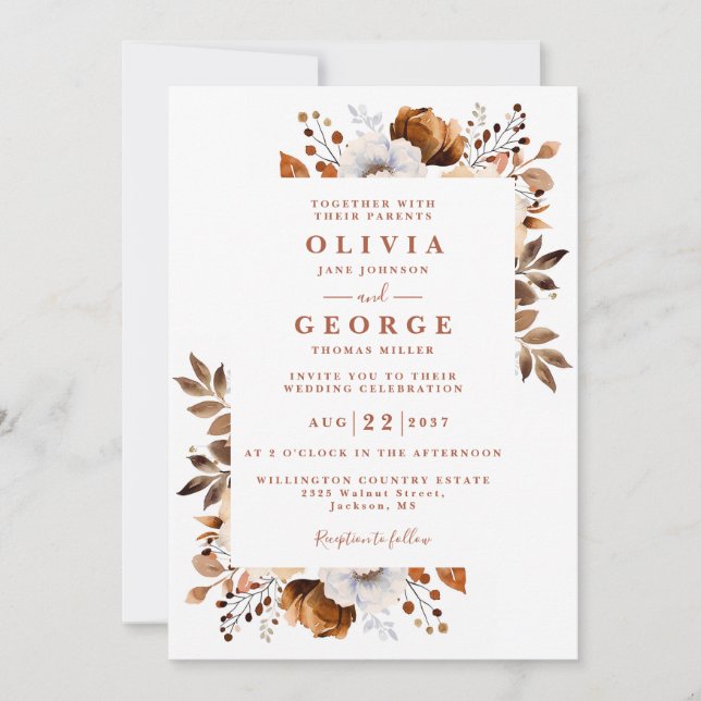 Invitation Rustic Fall Terracotta Floral Moderne Mariage (Devant)