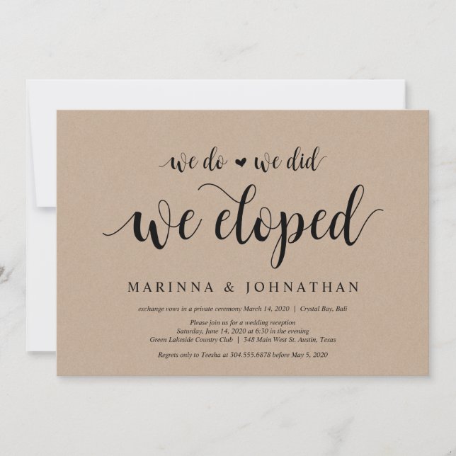 Invitation Rustic Farm Kraft, script noir, Elopement Mariage (Devant)