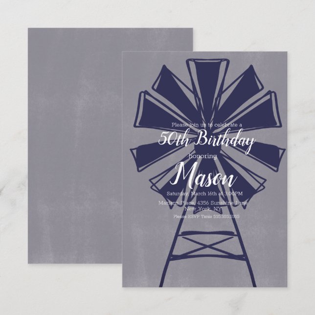 Invitation Rustic Farmhouse Blue Windmill 50e anniversaire (Devant / Derrière)