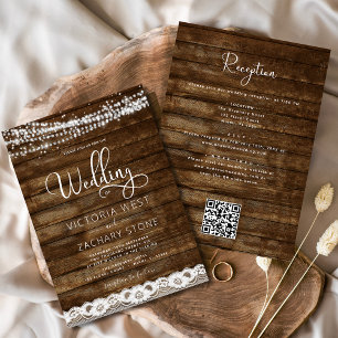 Invitation Rustic Farmhouse String Lights QR Code Mariage