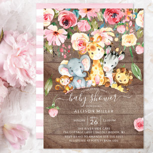 Invitation Rustic Floral Girls Safari Animaux Baby shower