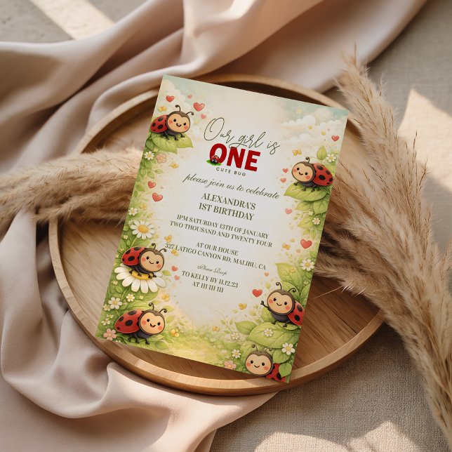 Invitation Rustic Floral Lady Bug 1st Birthday (Créateur téléchargé)
