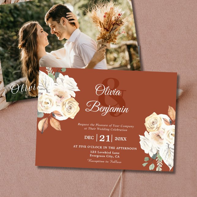 Invitation Rustic Floral Photo Brûlé Orange Mariage (Rustic Floral Photo Burnt Orange Wedding Invitation )