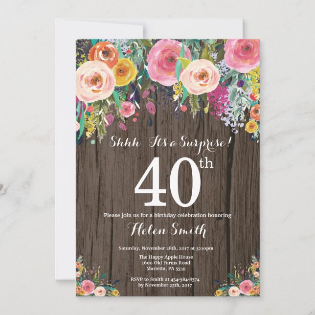 Invitation Rustic Floral Surprise 40e anniversaire (Devant)