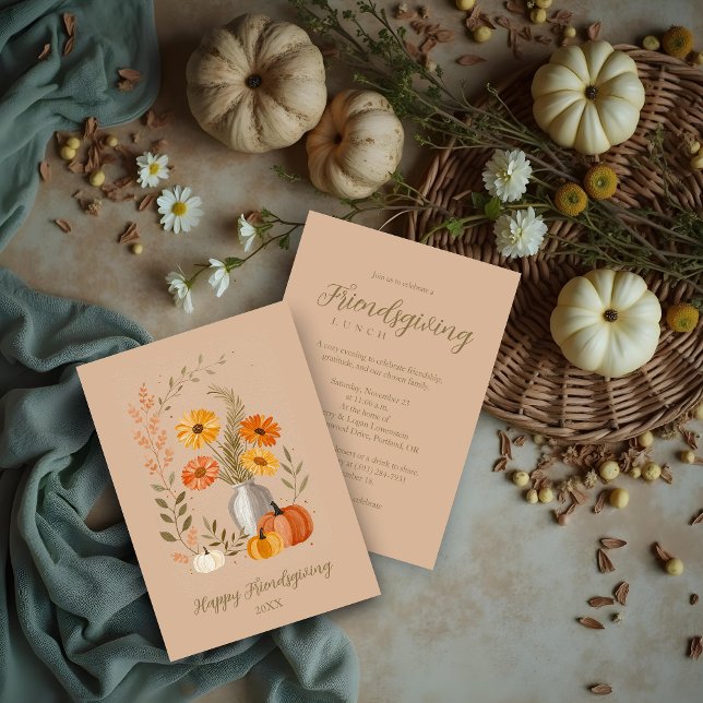 Invitation Rustic Folk Art Vase Flowers Pumpkin Friendsgiving (Rustic Folk Art Vase of Flowers and Pumpkins Friendsgiving Party Invitation Cards. )
