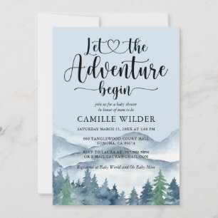 Invitation Rustic Forest Adventure Mountains Baby shower bleu