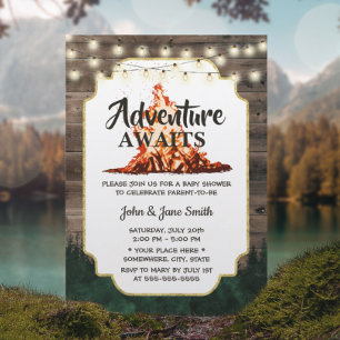 Invitation Rustic Forest Bonfire Adventure Attend Baby shower
