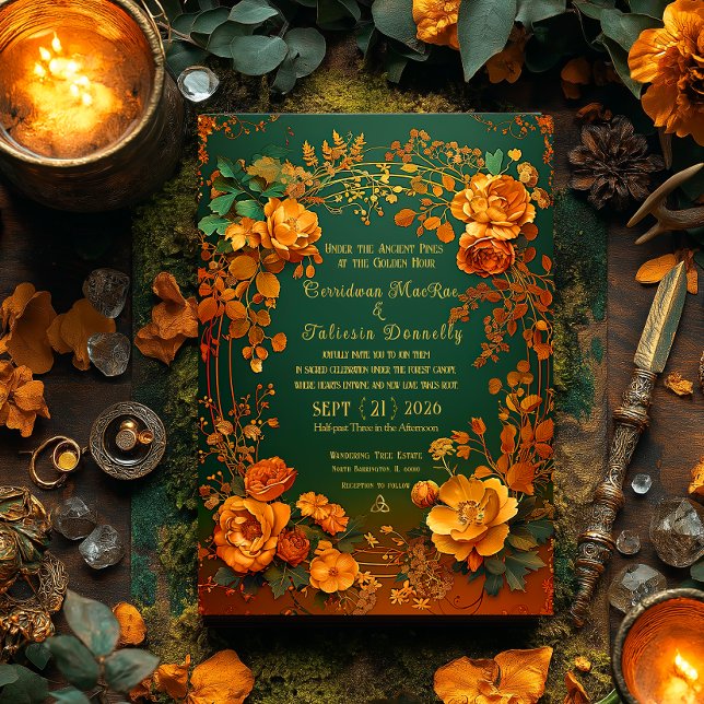 Invitation Rustic Forest Green Floral & Gold Autumn Wedding (Elegant Enchanting Autumn Druid Hill Wedding invitation )