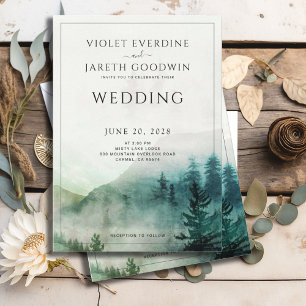Invitation Rustic Forest Mist Aquarelle Pine Trees Mariage