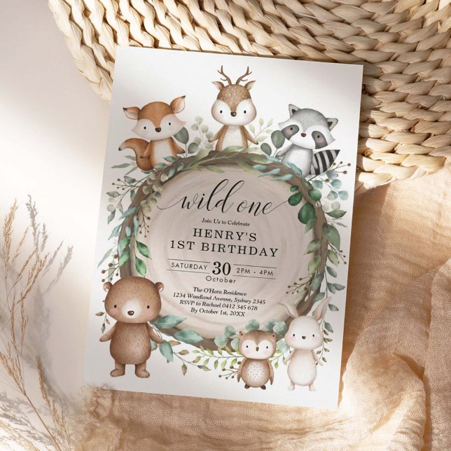 Invitation Rustic Forest Woodland Animals Wild One Birthday (Créateur téléchargé)