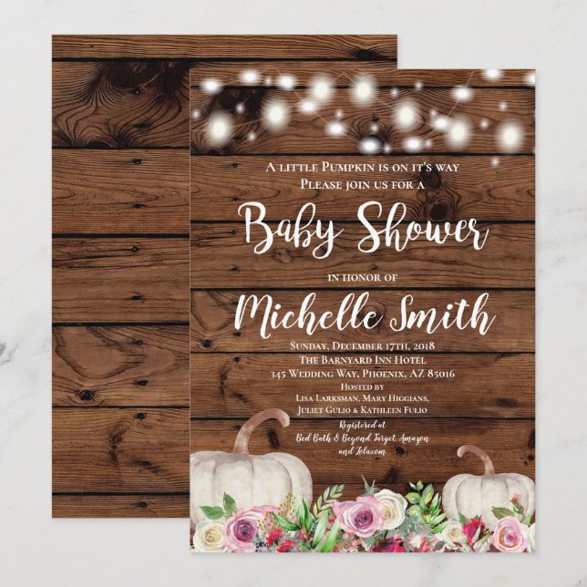 Invitation Rustic Girl Citrouille Fall Greeney Baby shower ro (Devant / Derrière)