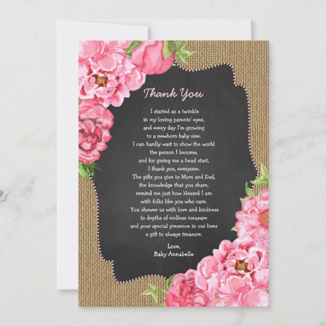 Invitation Rustic Girl Rose Floral Baby Merci note (Devant)