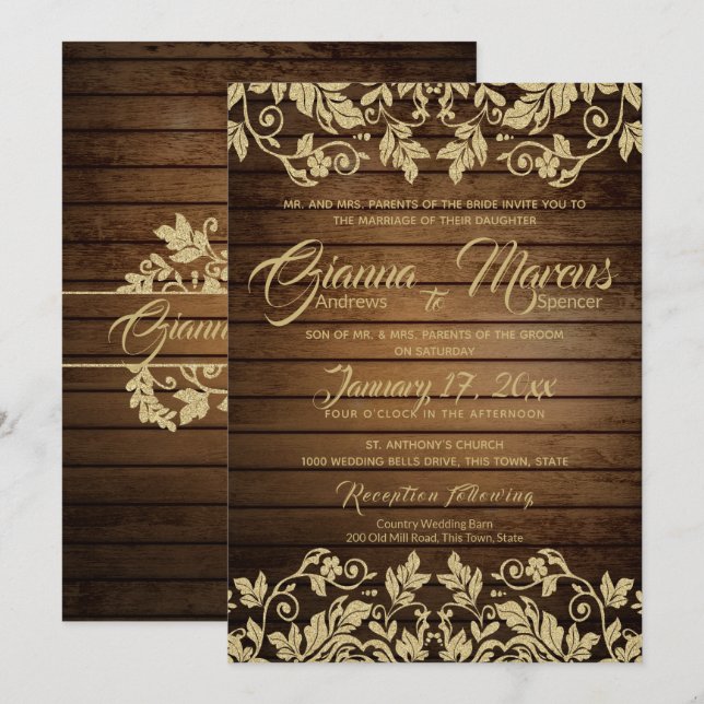Invitation Rustic Gold Damask et Barn Wood Mariage (Devant / Derrière)