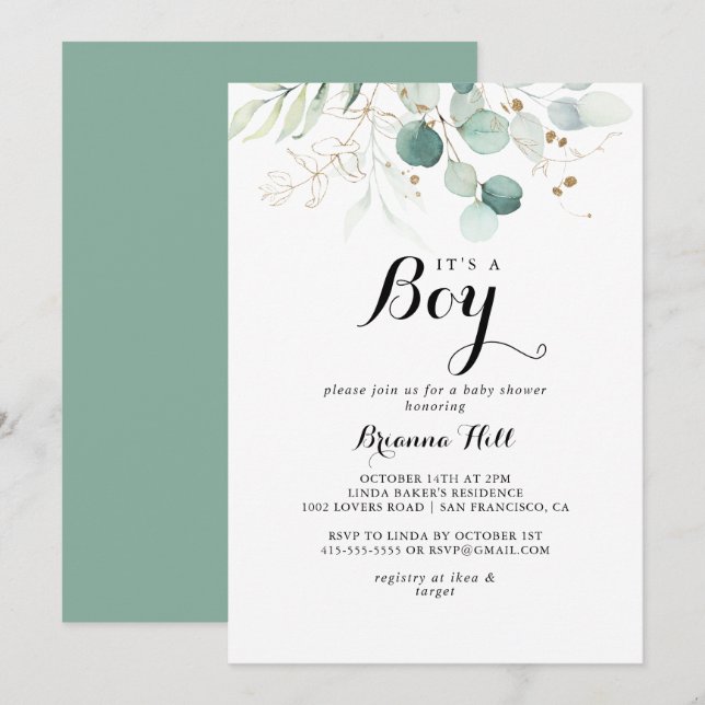Invitation Rustic Gold Floral C'est un Baby shower garçon (Devant / Derrière)