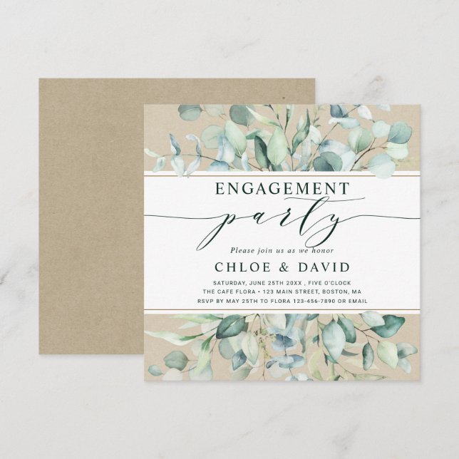Invitation Rustic Gold Green Botanical Engagement Party (Devant / Derrière)