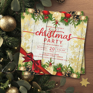 Invitation Rustic Gold Holly Berries & Baubles Company Xmas