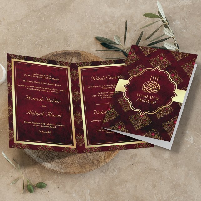 Invitation Rustic Gold Maroon Rouge Damas Mariage musulman (Créateur téléchargé)
