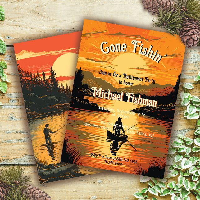 Invitation Rustic Gone Fishin' Retraite Pêche Coupe de bois (Créateur téléchargé)