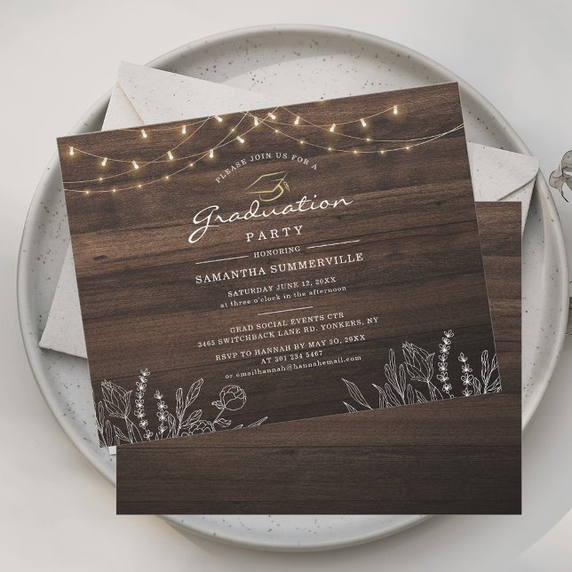 Invitation Rustic Grad 2025 Graduation Party Botanique (Graduation Rustic Wood Look String Lights 2025 Grad Party Invitation)