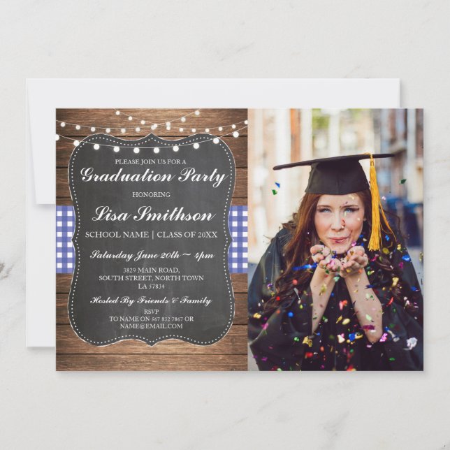 Invitation Rustic Graduation Party Blue Check Chalk BBQ Photo (Devant)