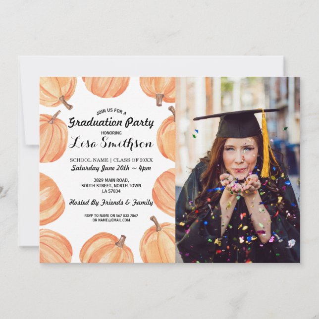 Invitation Rustic Graduation Party Citrouille aquarelle photo (Devant)