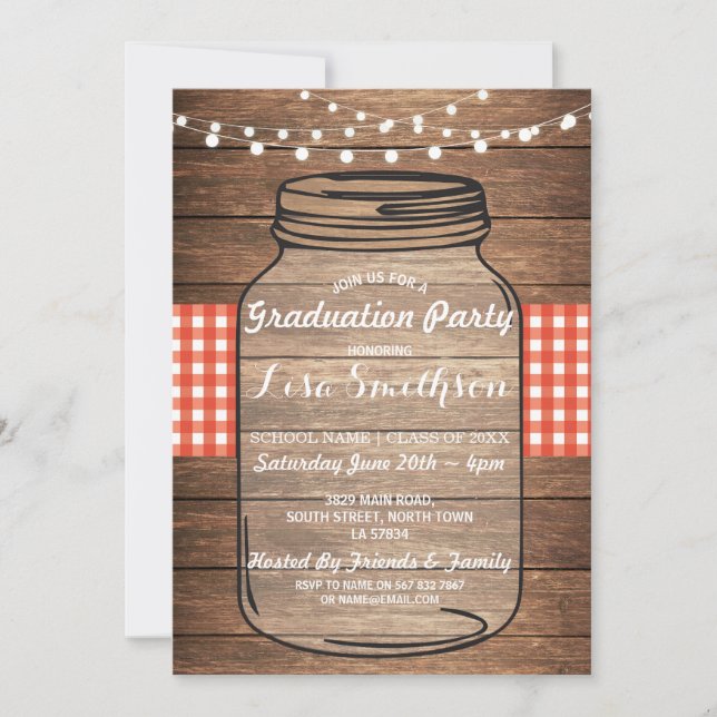 Invitation Rustic Graduation Party Jar Wood Red En vichy (Devant)