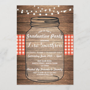 Invitation Rustic Graduation Party Jar Wood Red En vichy