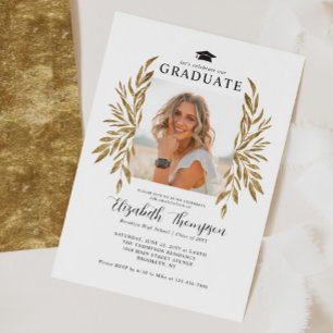 Invitation Rustic Graduation Party Modern Gold Feuilles Photo