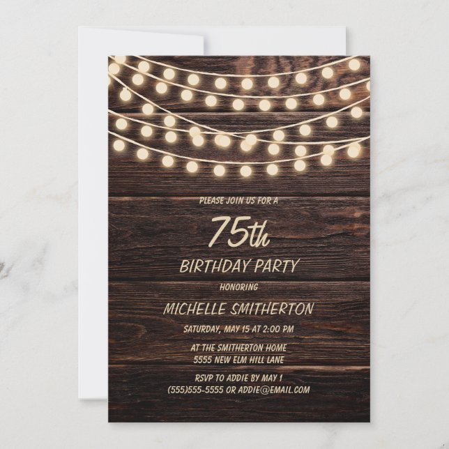 Invitation Rustic Grange Bois Chaîne Lumières 75e anniversair (Devant)
