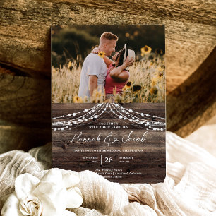 Invitation Rustic Grange Bois Chaîne Lumières Mariage photo