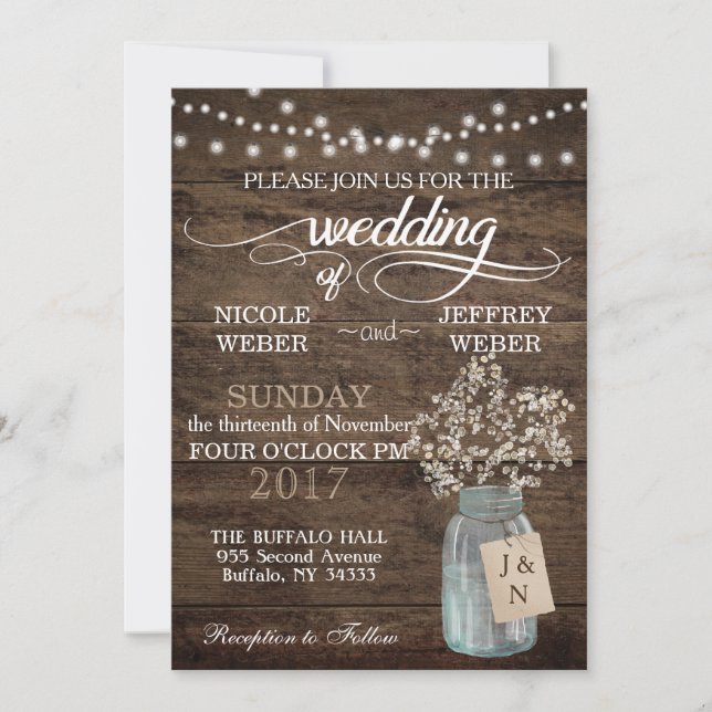 Invitation Rustic Grange Mariage Wood Mason Jar Babys Respire (Devant)