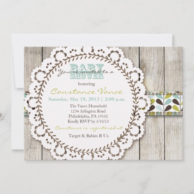 Invitation Rustic Green Blue Baby Shower (Devant)