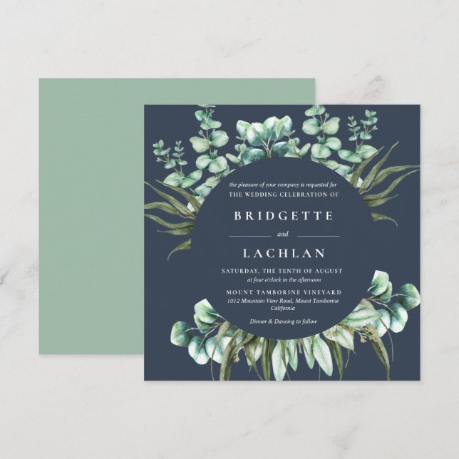Invitation Rustic Green et Navy Eucalyptus Mariage SQ (Devant / Derrière)