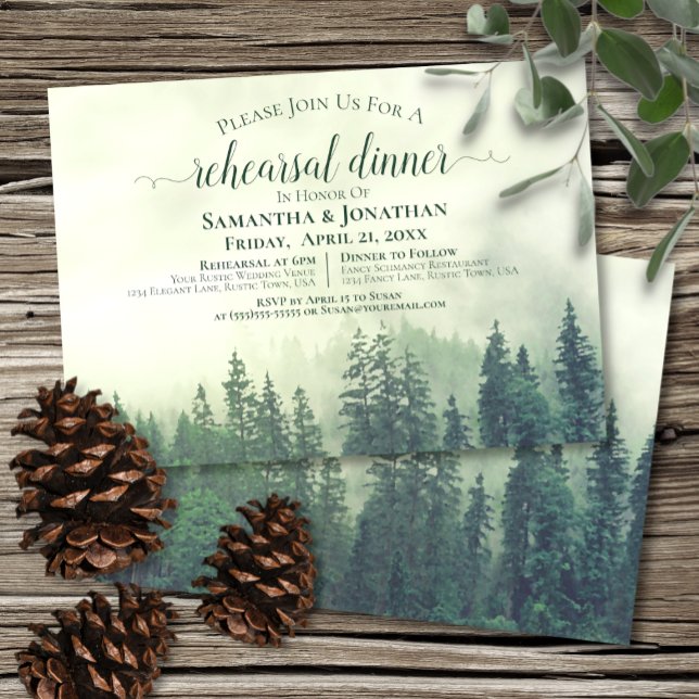 Invitation Rustic Green Pine Trees Répétition Mariage & Dîner (Créateur téléchargé)