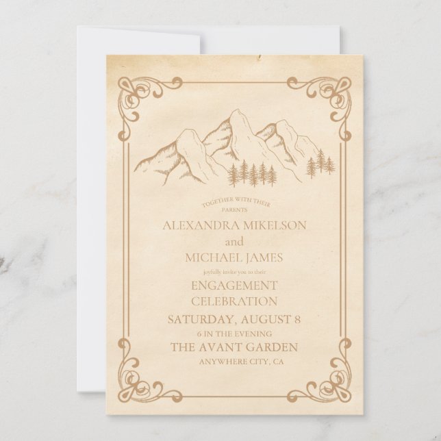 Invitation Rustic Green Pine Woods Mountain Sketch Fiançaille (Devant)