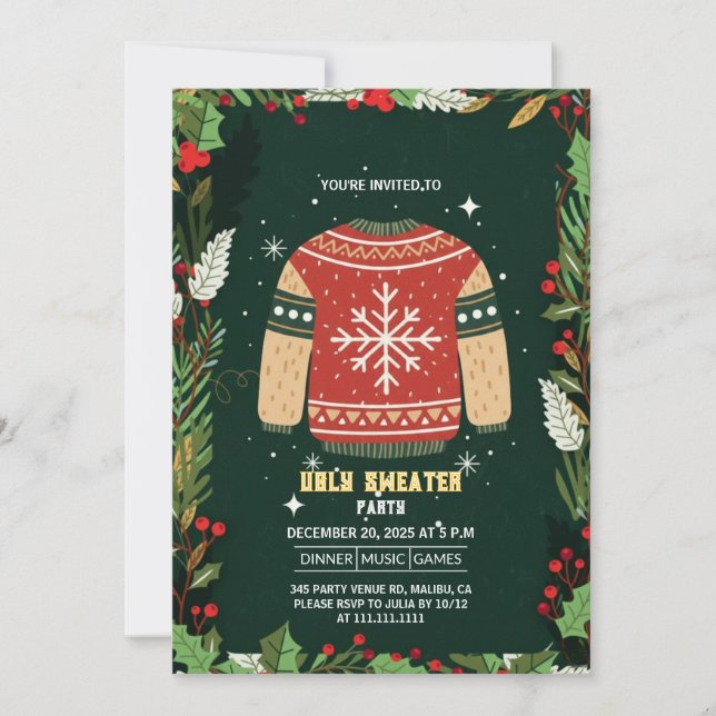 Invitation Rustic Green Ugly Christmas Sweater Party (Devant)