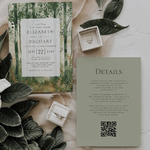 Invitation Rustic Green Woodland QR Code Mariage