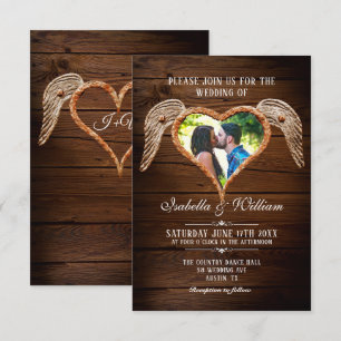 Invitation Rustic Heart Wood Photo Pays Mariage de la grange