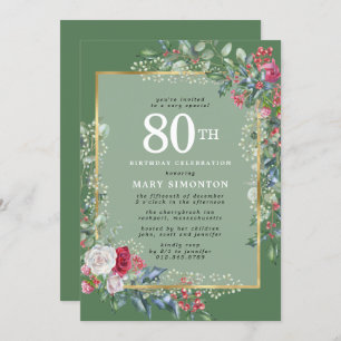 Invitation Rustic Holly Berries Botanical 80e fête d'annivers