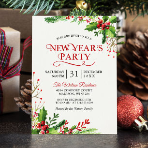 Invitation Rustic Holly Berries Classic New Year's Party