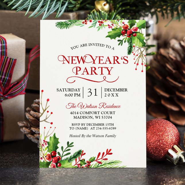 Invitation Rustic Holly Berries Classic New Year's Party (Créateur téléchargé)